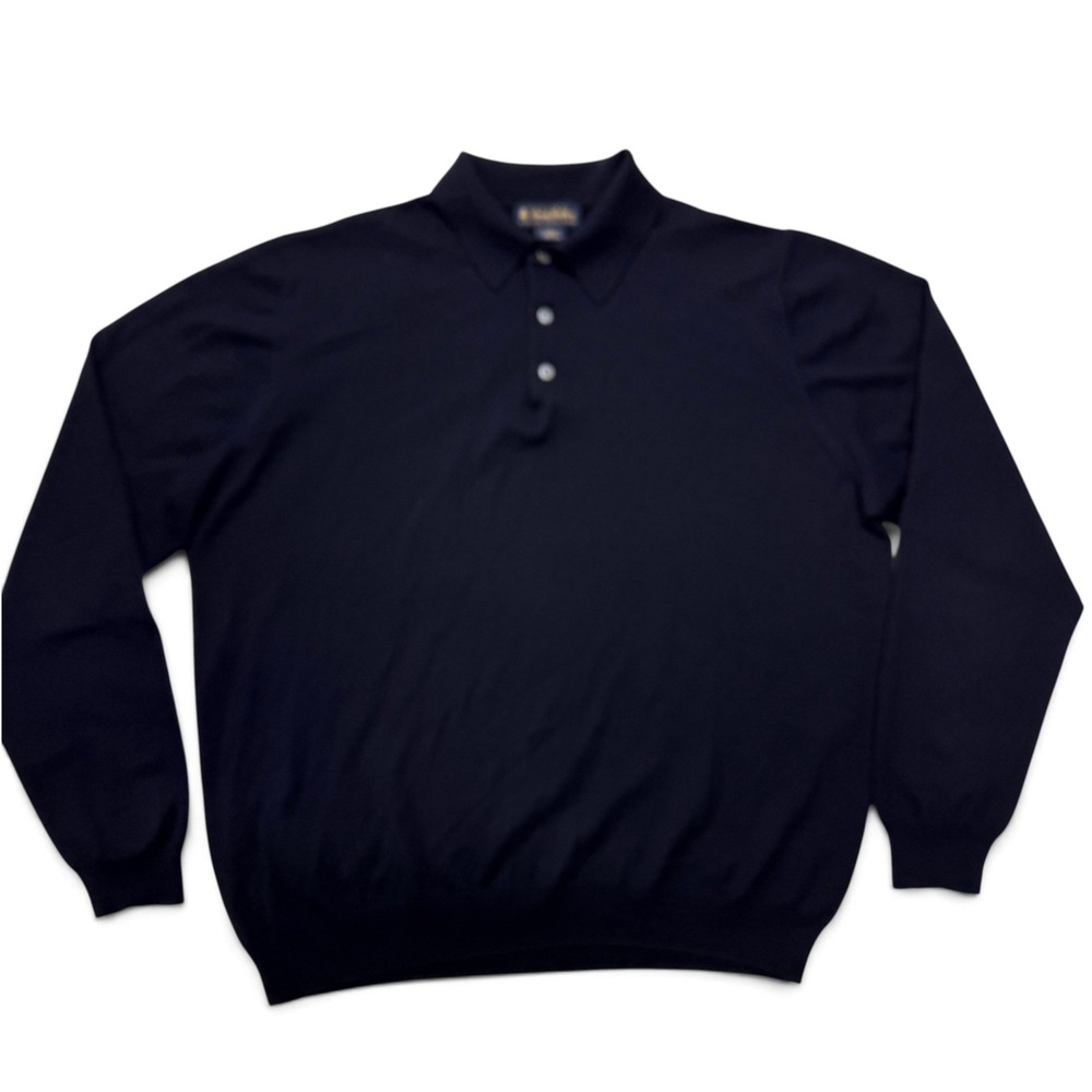 Brooks Brothers Merino Wool Polo Sweater Mens Large Navy Blue Extra Fine Italian